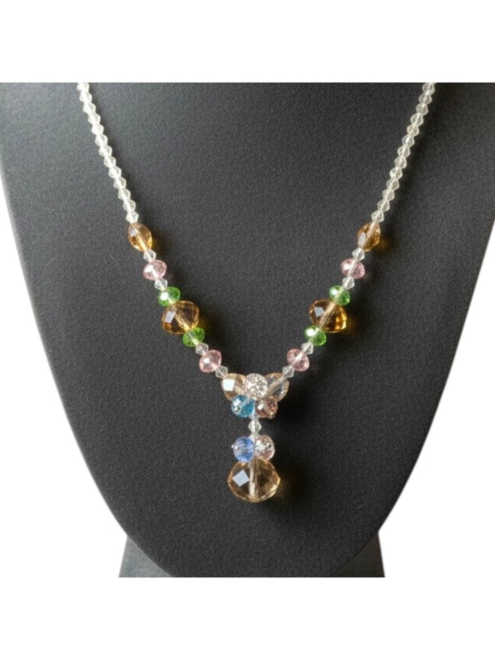 Vintage Colorful Czech Crystal Beaded Necklace With Drop Pendant w/ Magnet Clasp